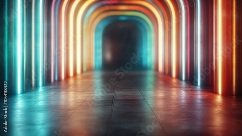 A colorful hallway drenched in neon light arcs that form an elegant and vibrant pathway, symbolizing a futuristic journey through a modern architectural design. photo