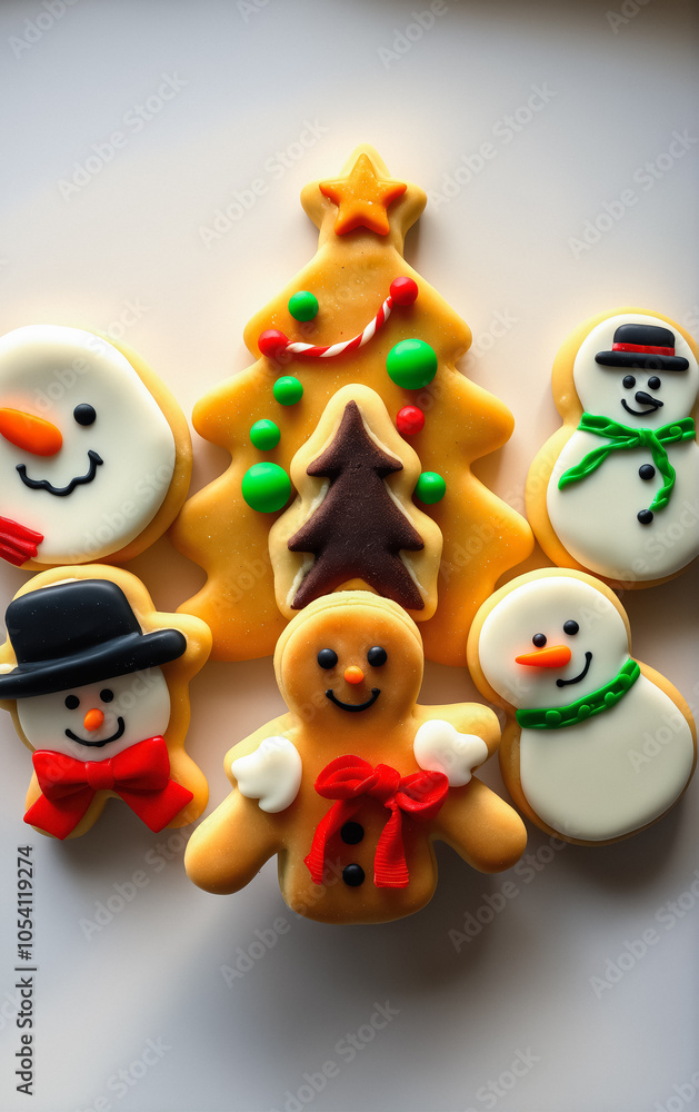 Fototapeta premium Festive Holiday Cookies Display with Snowmen, Christmas Tree, and Gingerbread Man.