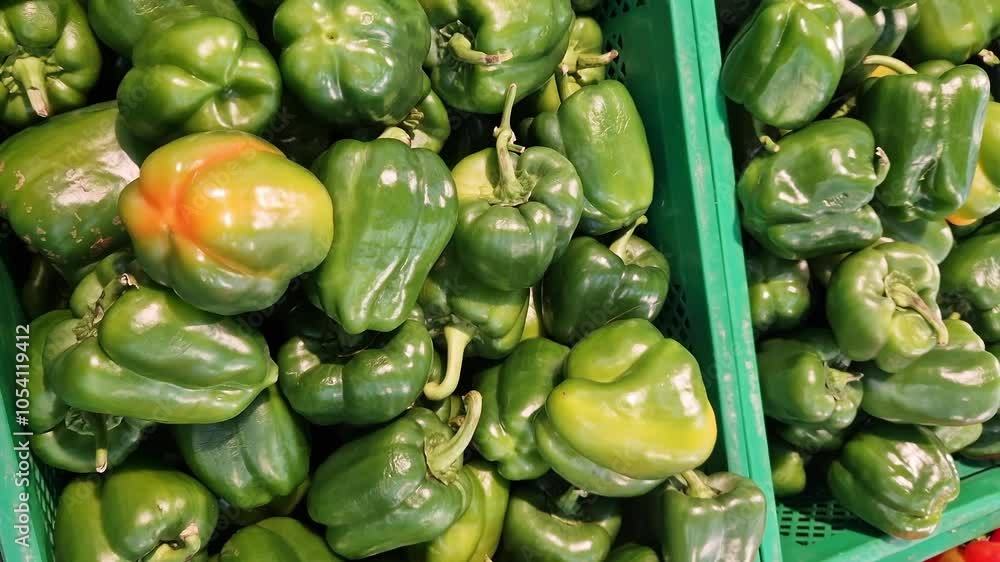 Green bell peppers on the counter in the store. Peppers in plastic boxes in the supermarket. Ingredient for cooking. Group of fresh organic sweet peppers. Healthy food and vegetarianism. Close-up Green bell peppers on the counter in the store. Peppers in plastic boxes in the supermarket. Ingredient for cooking. Group of fresh organic sweet peppers. Healthy food and vegetarianism. Close-up