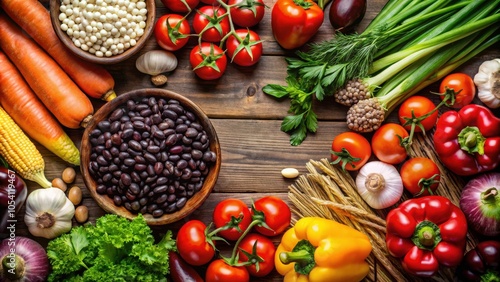 A vibrant assortment of fresh produce, including red peppers, tomatoes, carrots, corn, black beans, garlic, and onions, arranged in a circular pattern on a wooden surface.