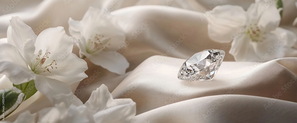 A single diamond sits on a bed of silk with white flower petals scattered around it. A single diamond sits on a bed of silk with white flower petals scattered around it.