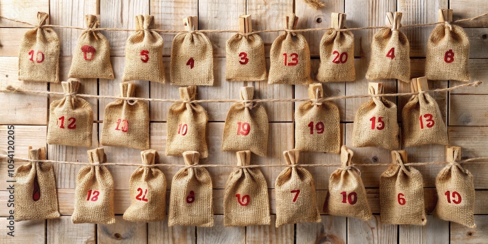 Fototapeta premium Rustic Burlap Advent Calendar with Red Numbered Tags Hanging from a Wooden Background