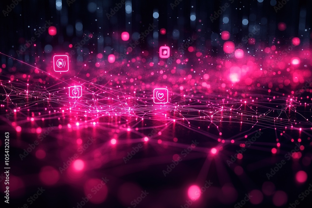 Fototapeta premium Abstract digital network background with glowing social media icons.