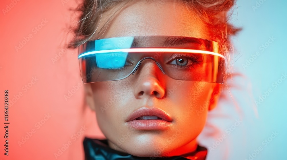 A stylish woman wears futuristic smart glasses with neon lighting, showcasing a blend of technology and fashion in a modern aesthetic environment. A stylish woman wears futuristic smart glasses with neon lighting, showcasing a blend of technology and fashion in a modern aesthetic environment.