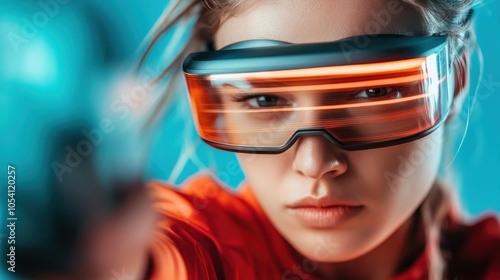 A determined woman wearing futuristic neon orange eyewear, staring intently forward. The image conveys strength, focus, and an unyielding drive. photo