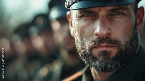 A commanding officer with a steely gaze observes his troops, embodying leadership and authority, set against a backdrop of disciplined military ranks.