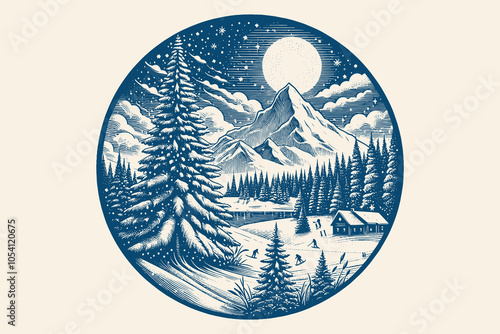 Fairytale winter landscape, round white emblem. ski resort, village. Christmas vector illustration
