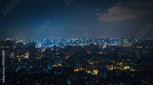 Night skyline view of a vibrant urban cityscape illuminated by lights with skyscrapers and buildings under a cloudy sky