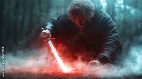 Set in a dense and ominous forest, a knight kneels by a glowing red sword, embodying themes of mysticism, courage, and the unknown, rendered in dramatic detail. photo