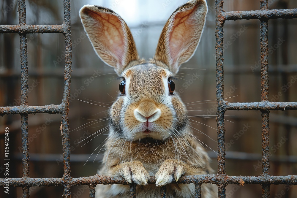 Obraz premium A Curious Rabbit Looking Through a Rusty Wire Cage