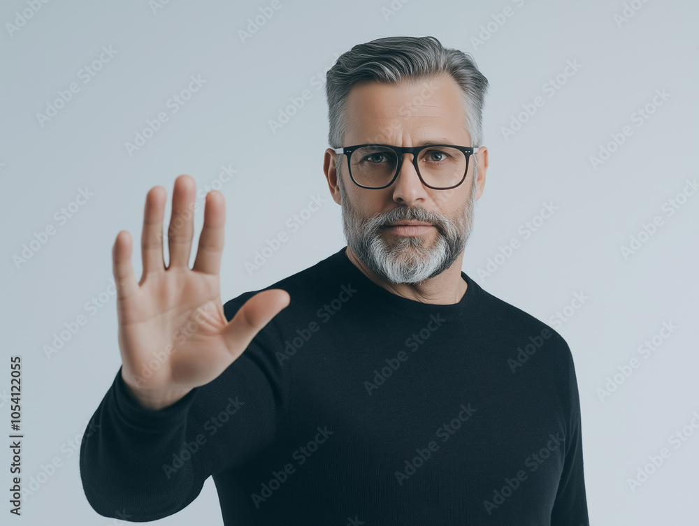 Naklejka premium Mature Businessman in Formal Wear Making Stop Gesture in Studio