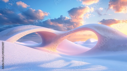 Surreal pastel landscape with geometric shapes and abstract desert dunes futuristic scene with arches blue sky and clouds 3d render photo