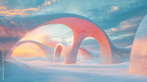 Surreal pastel landscape with geometric shapes and abstract desert dunes futuristic scene with arches blue sky and clouds 3d render photo