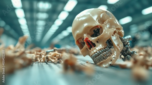 An artificial skull merging with mechanical gears on a factory floor, representing the fusion of human consciousness and machine intelligence in a digitalized world. photo