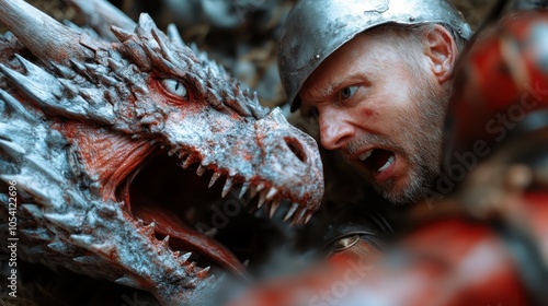 A knight in shining armor confronts a roaring dragon, representing bravery, courage, and the timeless struggle between man and myth in a captivating scene. photo