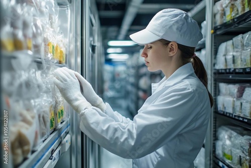 A focused worker in a cool storage area meticulously inspecting packaged goods during a busy shift at a food production facility. Generative AI photo