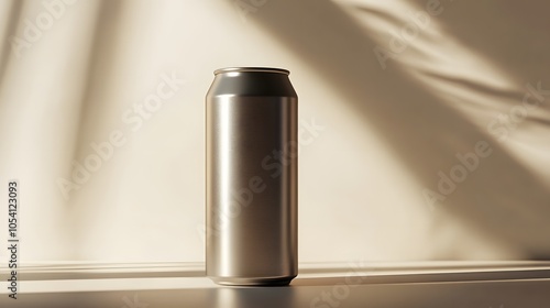 Blank mockup template of a tall matte beverage can with custom labeling, reflecting soft light on a polished surface.