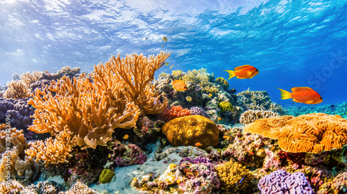 Vibrant coral reef scene underwater with colorful fish among diverse coral formations and clear blue water above
