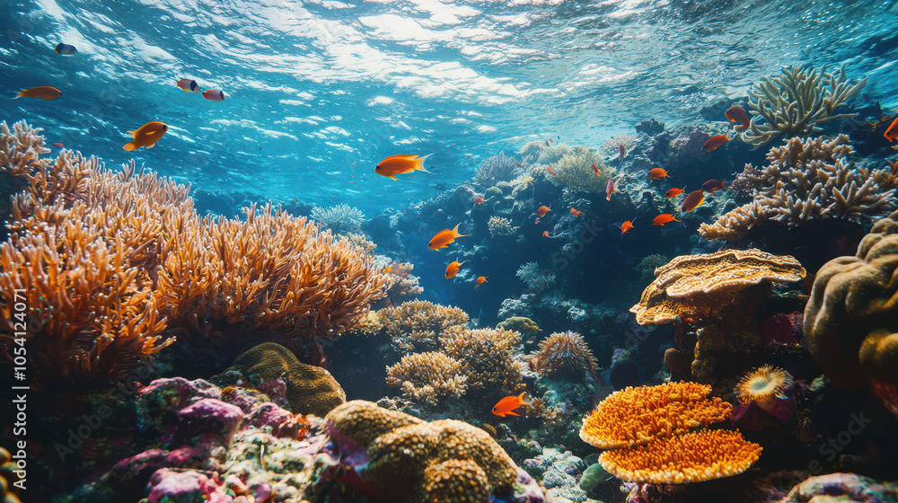 Fototapeta premium Vibrant underwater scene showcasing colorful coral reefs and various tropical fish swimming in crystal clear ocean water