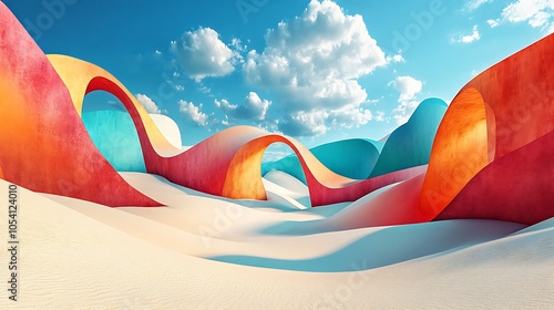 Surreal desert scene in pastel colors with abstract dunes geometric shapes and arches under a blue sky with clouds photo