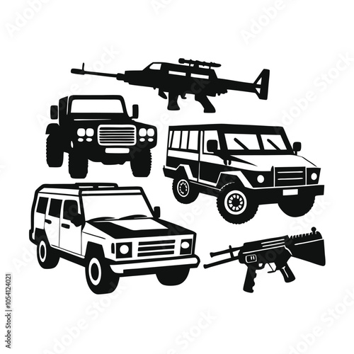 military vehicles and firearms vector silhouette icon with Transparent Background Clipart..