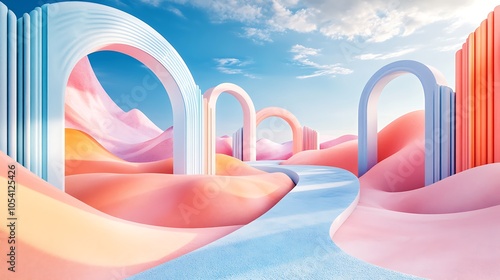 3d render of surreal landscape with abstract pastel desert dunes geometric shapes and arches under blue sky photo