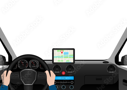 Man Using Map Application or GPS Navigation System in a Car while Driving. Vector Illustration. 