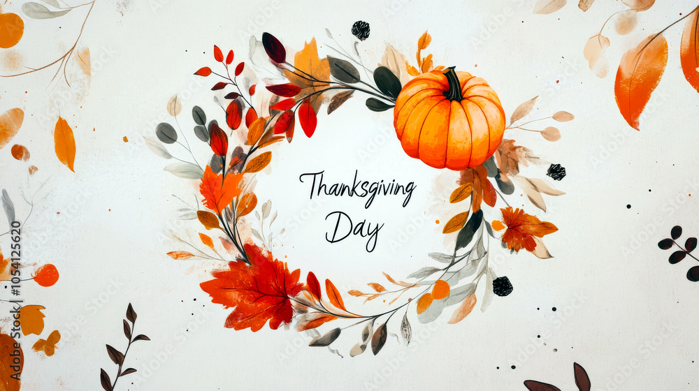 Thanksgiving Day Wreath with Pumpkin and Foliage Thanksgiving Day Wreath with Pumpkin and Foliage