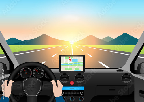 Man Using Map Application or GPS Navigation System in a Car while Driving. Vector Illustration. 