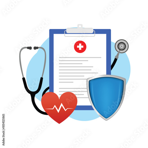 Health insurance. Clipboard with insurance claim form, shield, and stethoscope. Medical insurance