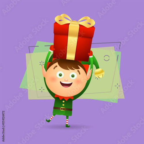 Happy Xmas elf giving gifts. Present box, wrap, discount. Christmas concept. Realistic vector illustration can be used for greeting cards, New Year banner and poster design