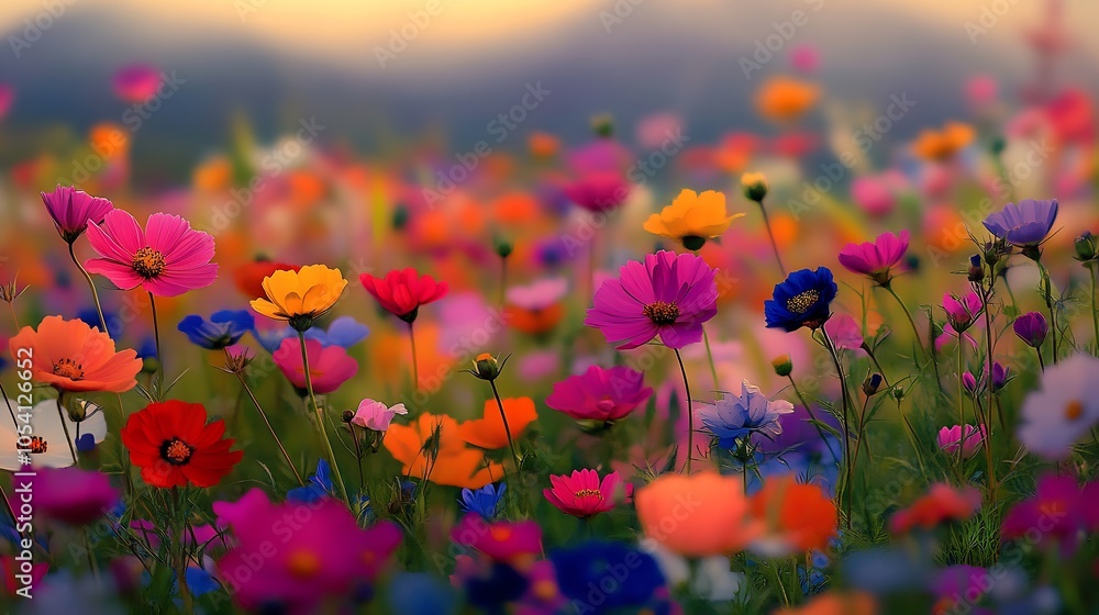 Obraz premium Scenic Sunset Cosmos Field with Multi-colored Flowers and Hills : Generative AI