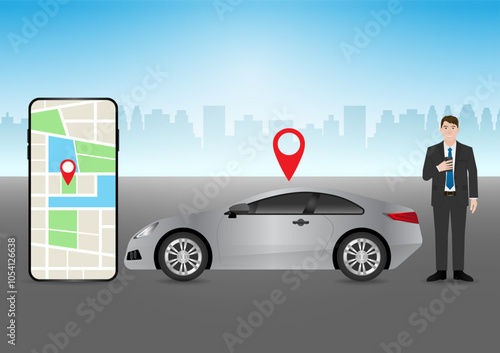 Man Using Map Application or GPS Navigation System on Smart Phone. Vector Illustration.