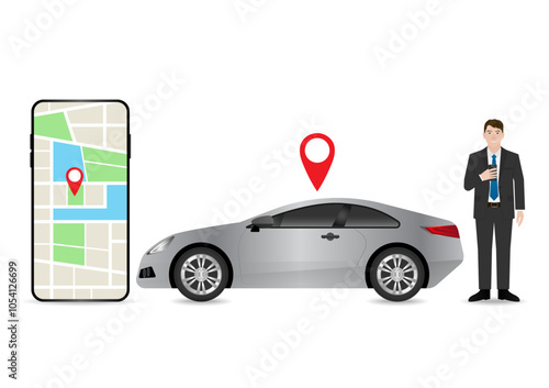 Man Using Map Application or GPS Navigation System on Smart Phone. Vector Illustration.
