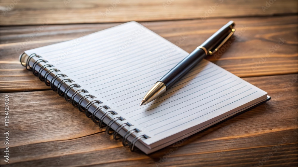 A blank lined notebook with a black and gold pen rests on a rustic wooden surface, waiting for inspiration to strike. A blank lined notebook with a black and gold pen rests on a rustic wooden surface, waiting for inspiration to strike.