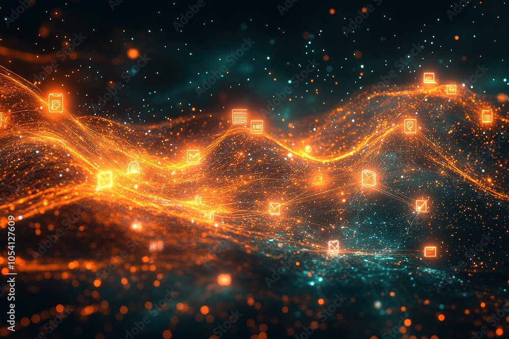 Obraz premium Abstract digital wave with glowing icons, representing data flow and connection.