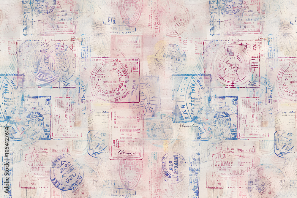 Obraz premium passport stamps, showcasing the diversity of global travel trails and borders. Impressionism meets contemporary art in neutral tones, various travel gear and scrapbooking paper.