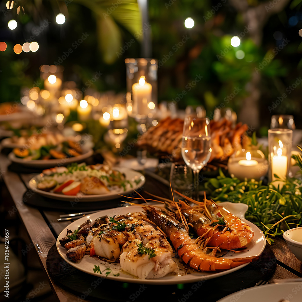 Grilled seafood, prawns, and fish on a white plate with candlelight. Grilled seafood, prawns, and fish on a white plate with candlelight.