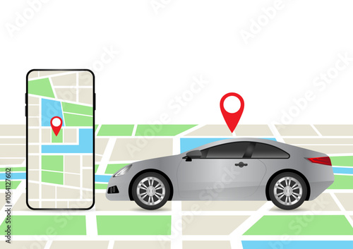 Car with GPS Navigation System or Map Application. Vector Illustration.