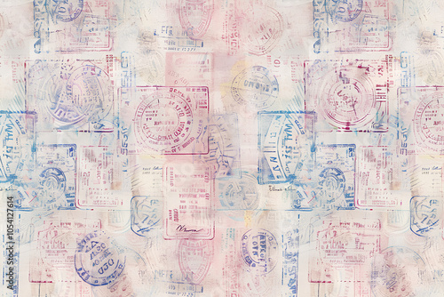 passport stamps, showcasing the diversity of global travel trails and borders. Impressionism meets contemporary art in neutral tones, various travel gear and scrapbooking paper.