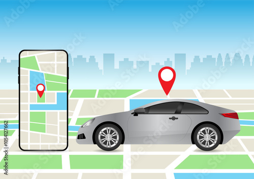 Car with GPS Navigation System or Map Application. Vector Illustration.