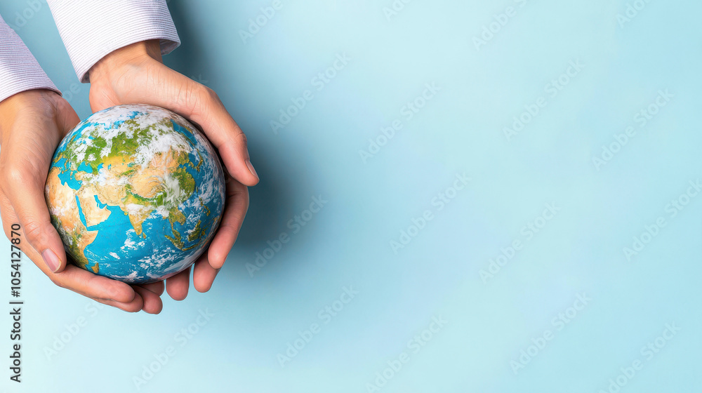 Hands holding a globe symbolizing care for the planet, with a soft-focus blue background enhancing the concept of environmental awareness Hands holding a globe symbolizing care for the planet, with a soft-focus blue background enhancing the concept of environmental awareness