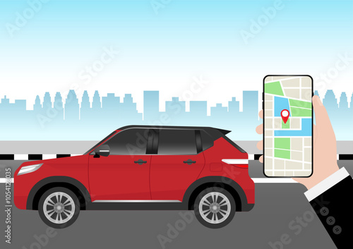 Man Using Map Application or GPS Navigation System on Smart Phone. Vector Illustration.