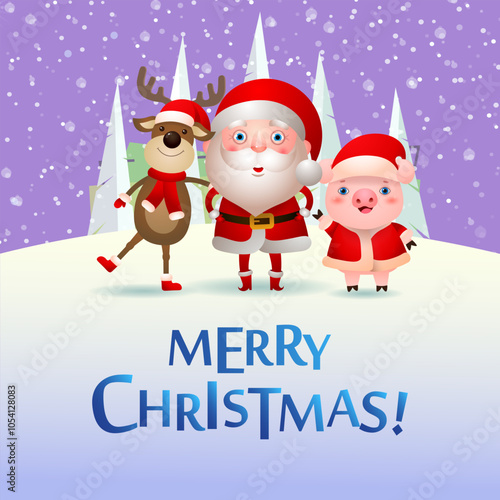 Merry Christmas creative banner design. Calligraphy with cartoon characters of pig, deer and Santa Claus. Can be used for greeting cards, posters, banners