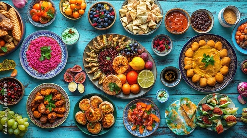 A vibrant iftar feast with colorful dishes, fruits, and desserts, reflecting the joy of Ramadan