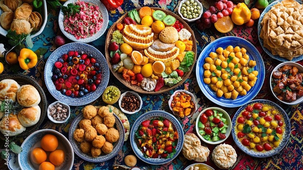 A vibrant iftar feast with colorful dishes, fruits, and desserts, reflecting the joy of Ramadan A vibrant iftar feast with colorful dishes, fruits, and desserts, reflecting the joy of Ramadan