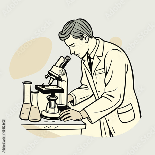 "Illustration of a scientist in a lab coat, looking through a microscope with lab equipment nearby"