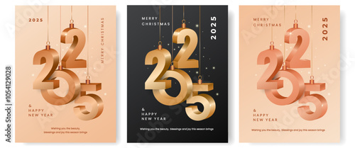 Happy New Year 2025 design of gold numbers. Set of trendy modern winter banner, poster or greeting card template.
