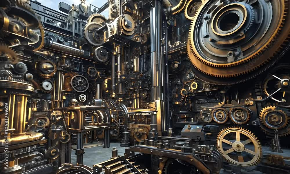 A complex arrangement of steampunk machinery with gears and pipes. A complex arrangement of steampunk machinery with gears and pipes.