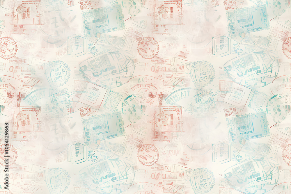 Obraz premium passport stamps, showcasing the diversity of global travel trails and borders. Impressionism meets contemporary art in neutral tones, various travel gear and scrapbooking paper.